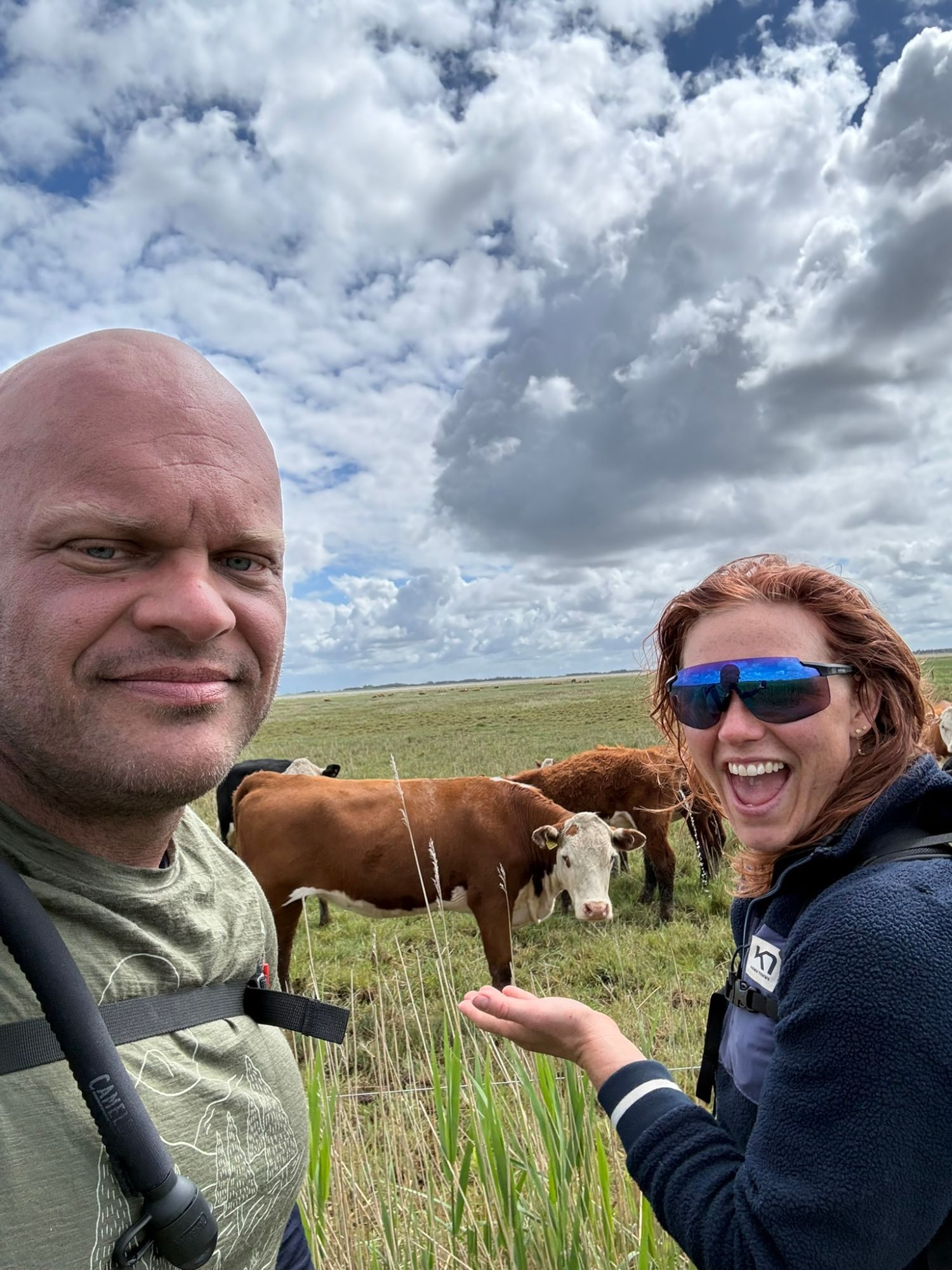 Selfie of Leif and a laughing Kristine with brown and white cows in a green meadow behind