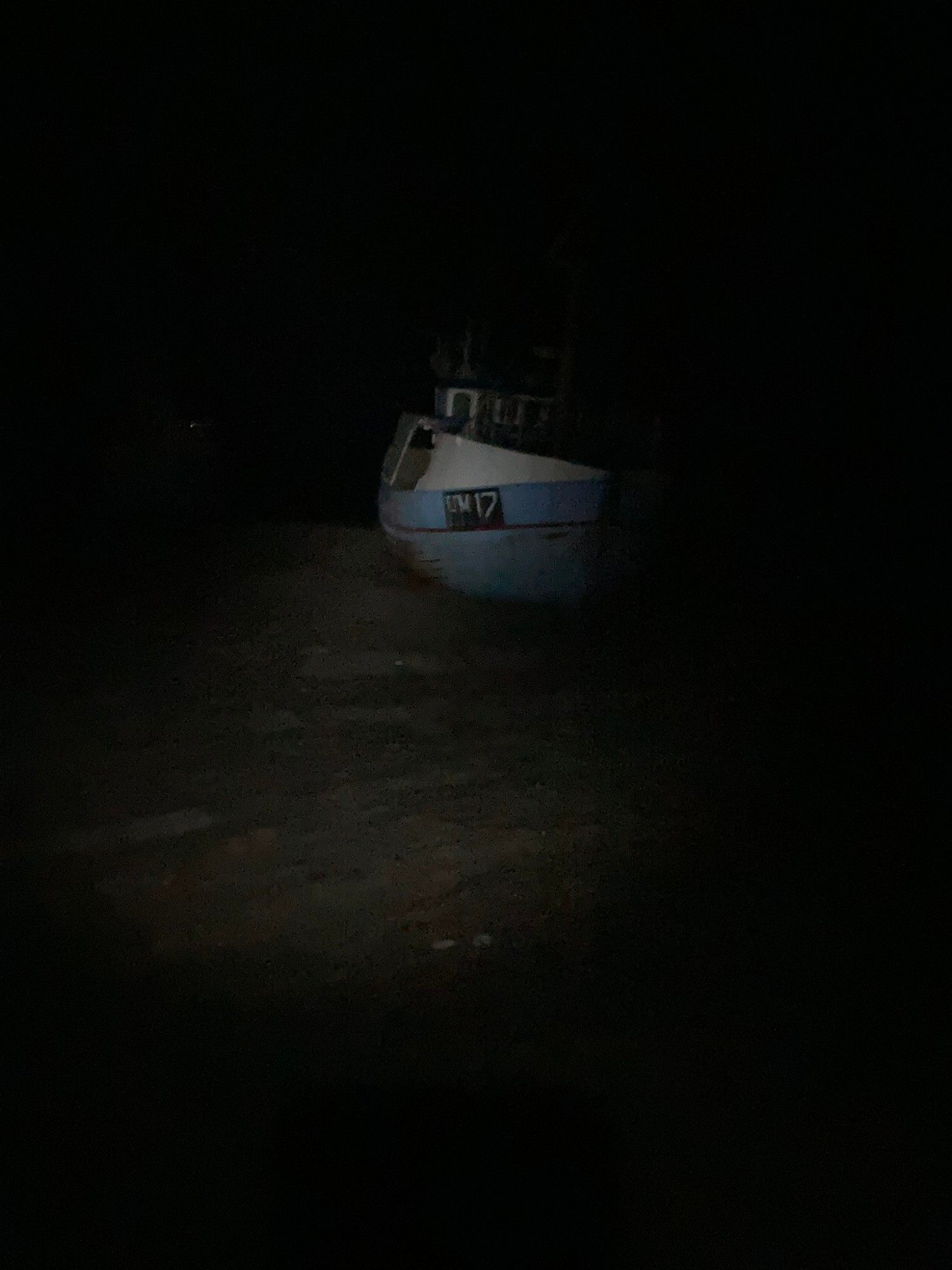 A blue and white fishing boat on the beach, lit by a headlamp in the dark