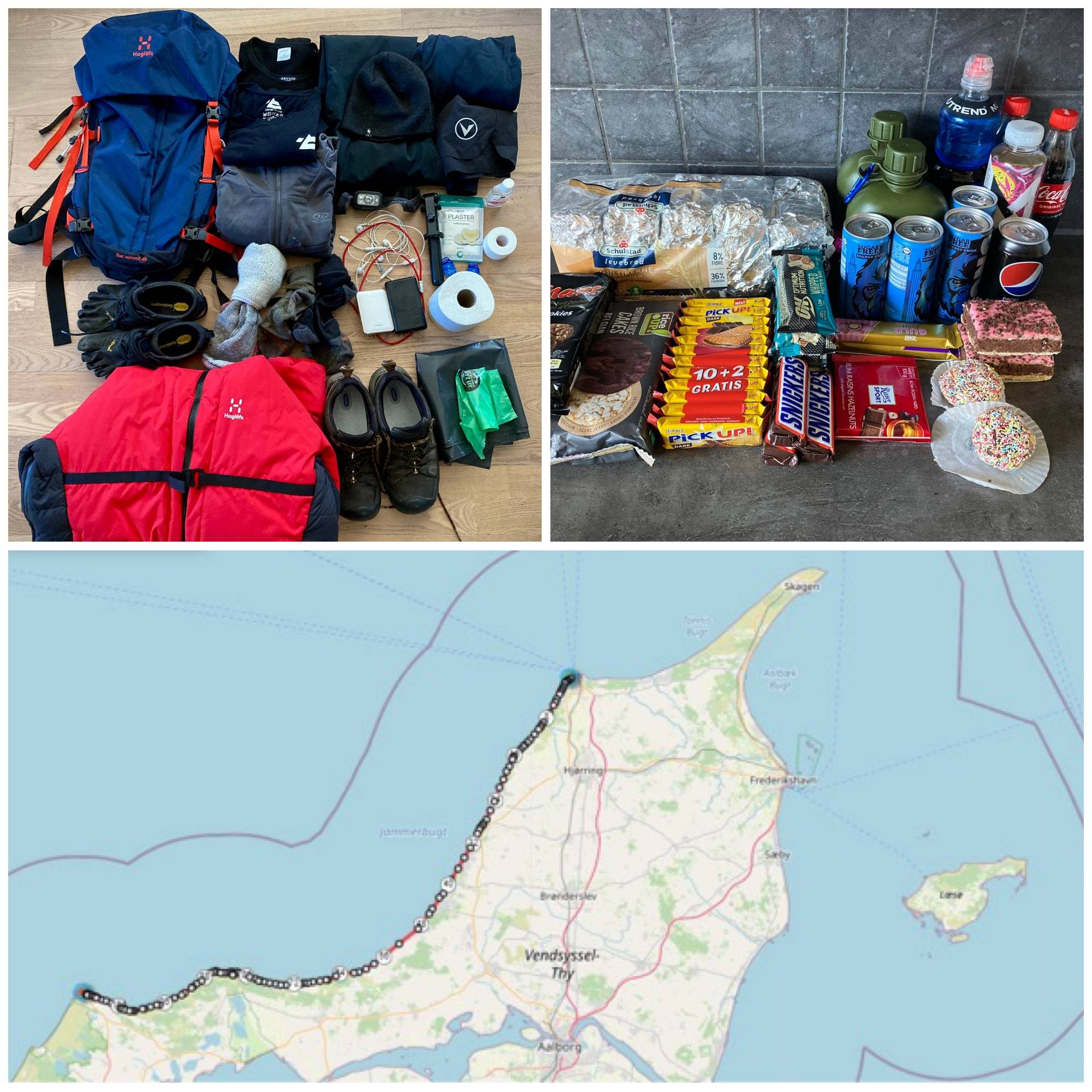 Collage of the packed gear, the food, and a map of the route along the beach from Hirtshals to Hanstholm