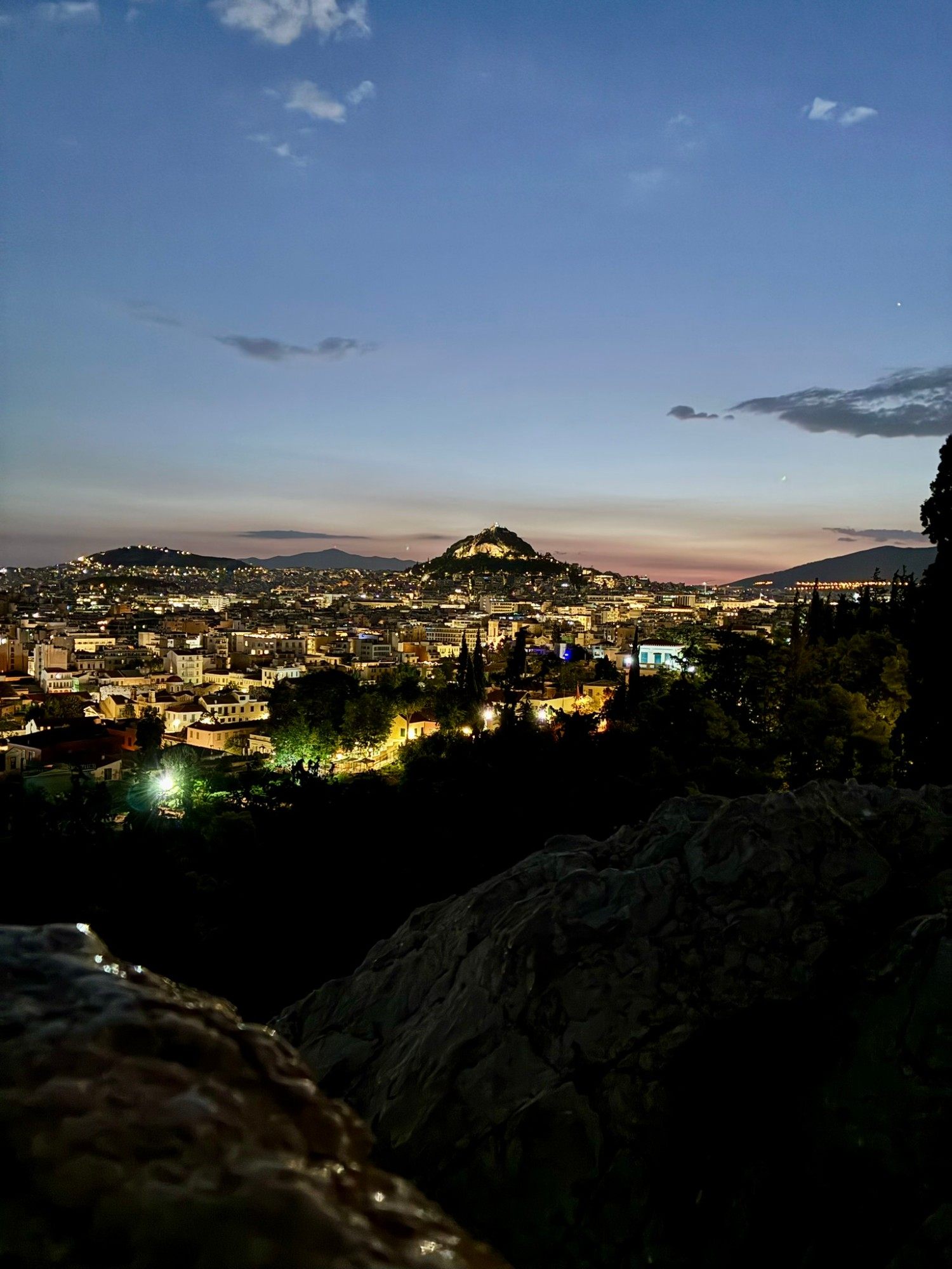 Athens at dawn seen from Areopagus Hill, with Lycabettus Hill on the horizon