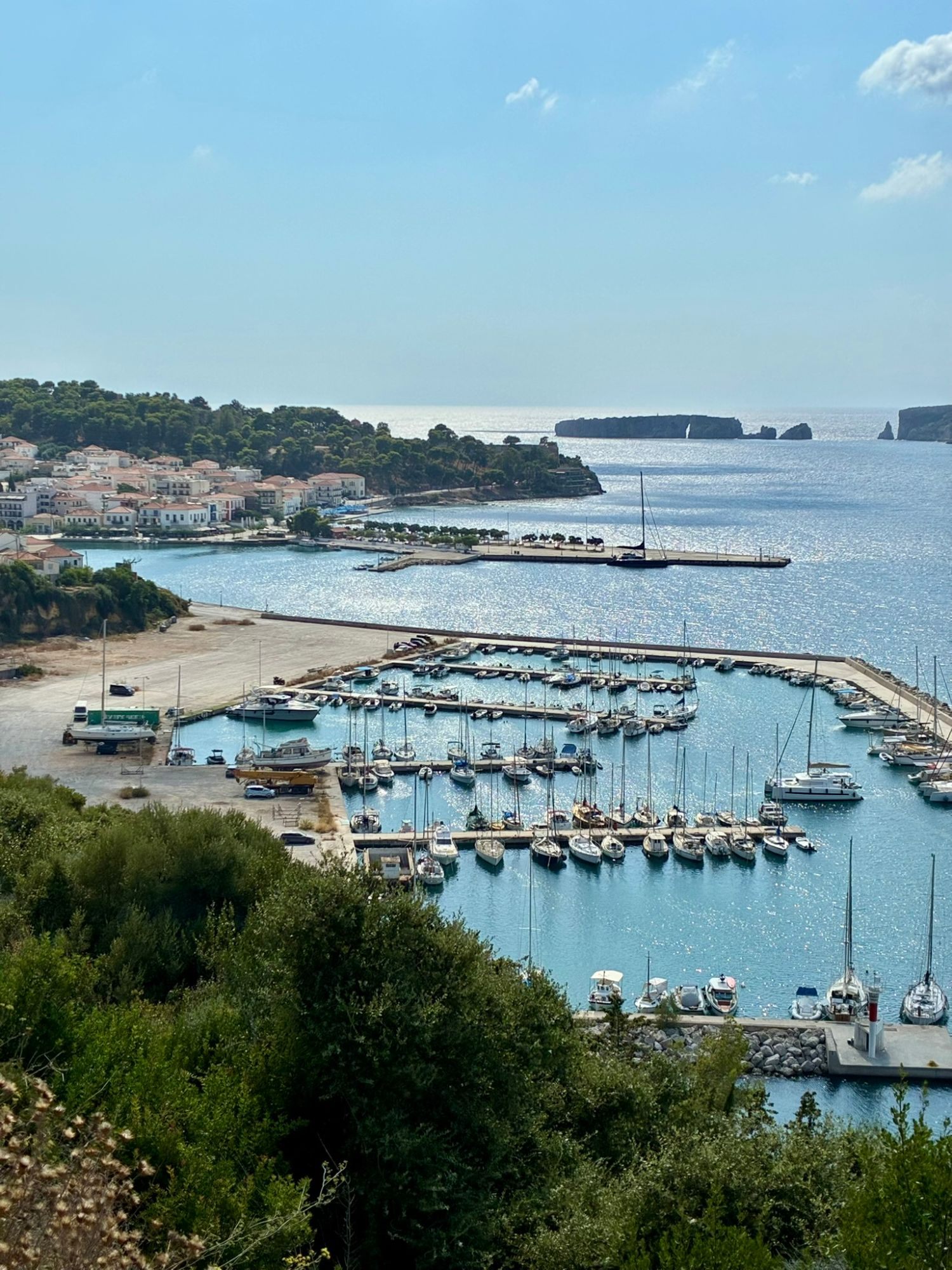 View over the marina and town of Pylos towards the island of Sphacteria