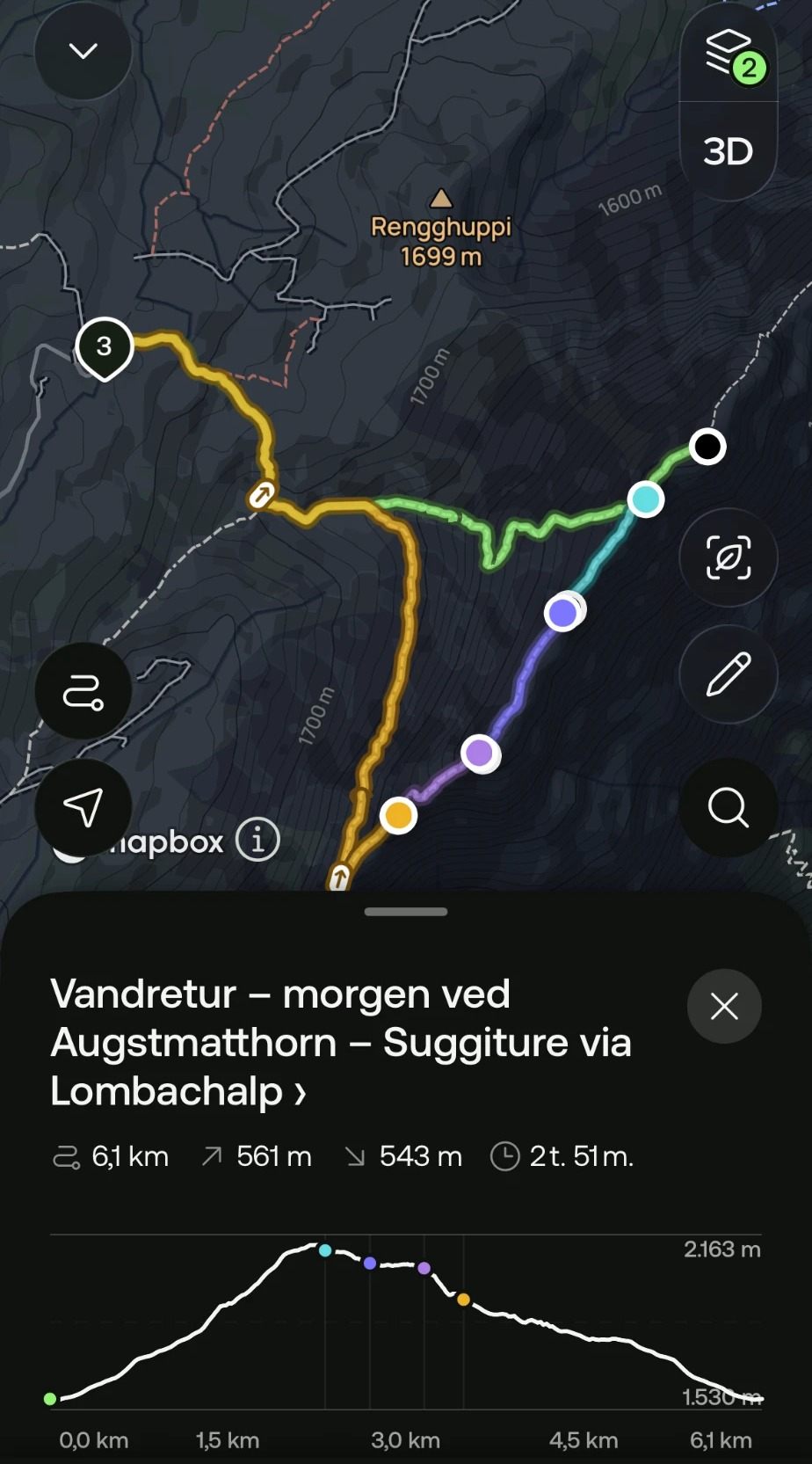 Our recorded Augstmatthorn – Suggiture loop from Lombachalp in the AllTrails app, with the elevation profile