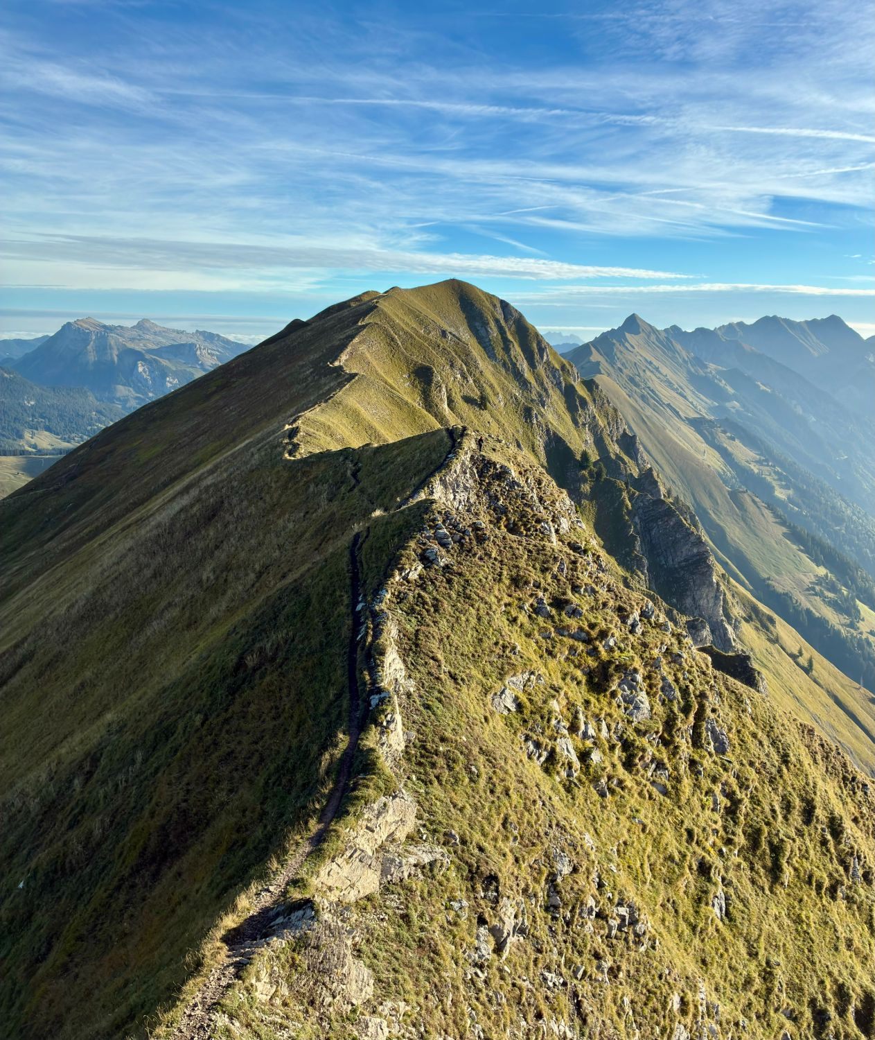 The narrow trail running along the grassy ridge crest between Augstmatthorn and Suggiture