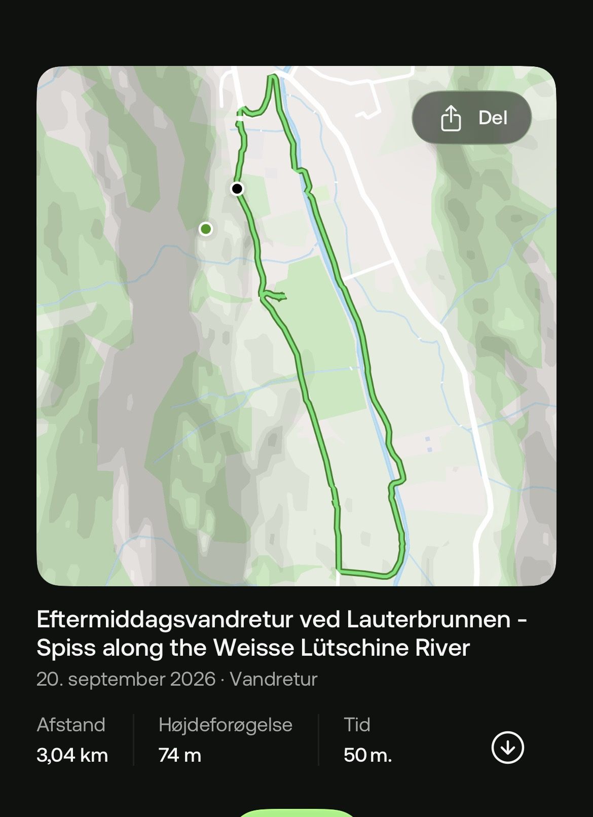 Our recorded loop along the Weisse Lütschine in Lauterbrunnen in the AllTrails app: 3.04 km, 74 m elevation gain