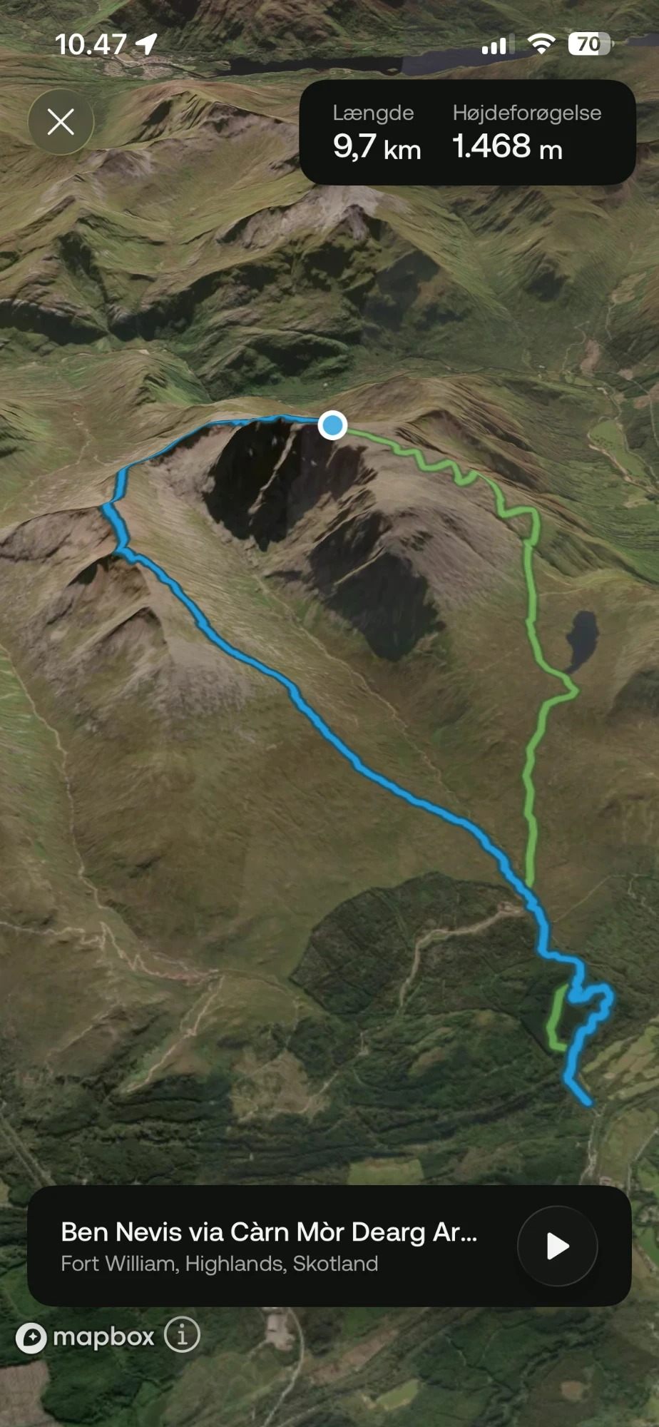 AllTrails 3D view of the route up the CMD Arête to Ben Nevis, 9.7 km and 1,468 m to the summit
