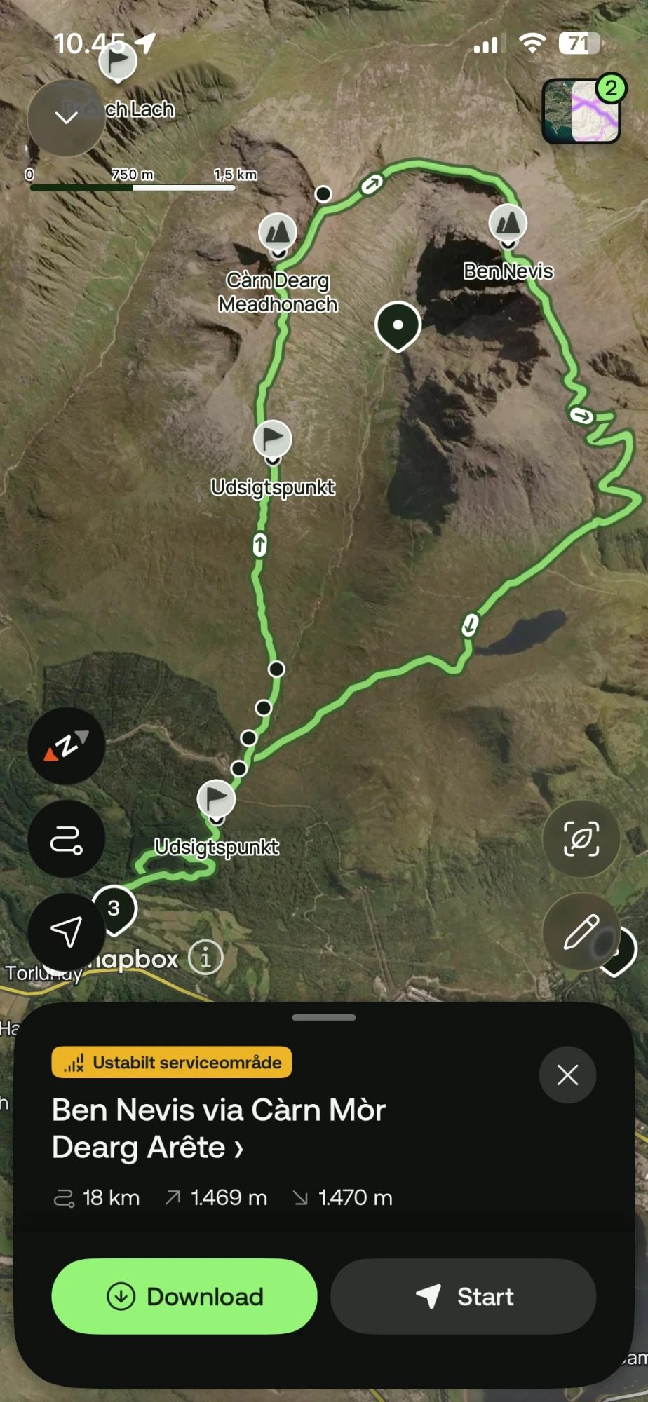 AllTrails map of the Ben Nevis via Càrn Mòr Dearg Arête loop: 18 km, 1,469 m ascent