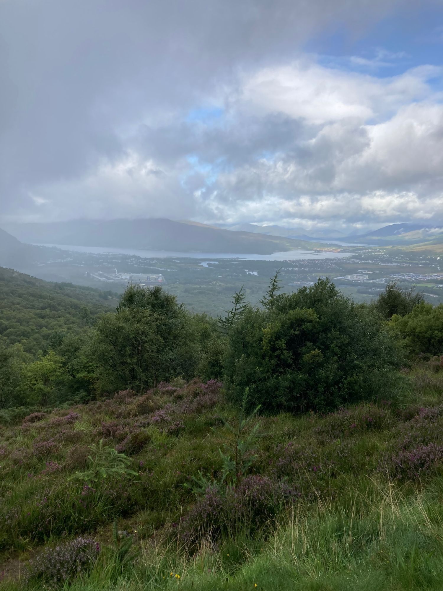 View from the forest over Fort William, Loch Linnhe and the mountains under rain clouds