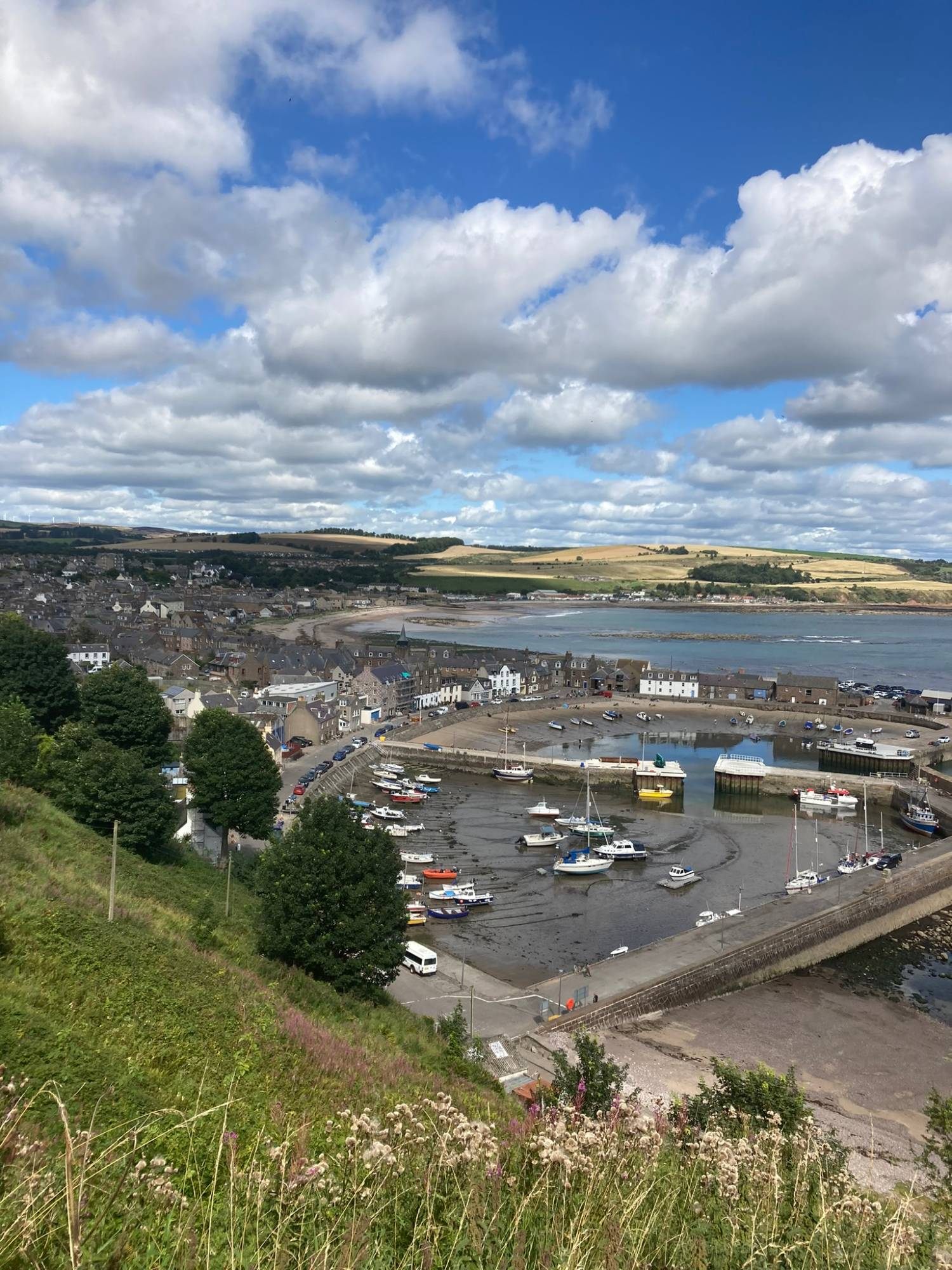 Stonehaven harbour at low tide seen from the green hillside above, with small boats, the town and the bay behind