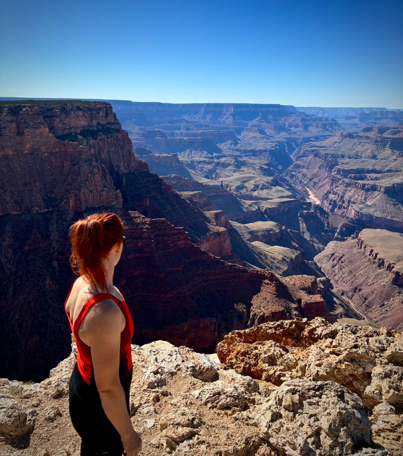 Kristine in a red top looking out over the vast layered landscape of the Grand Canyon at Lipan Point