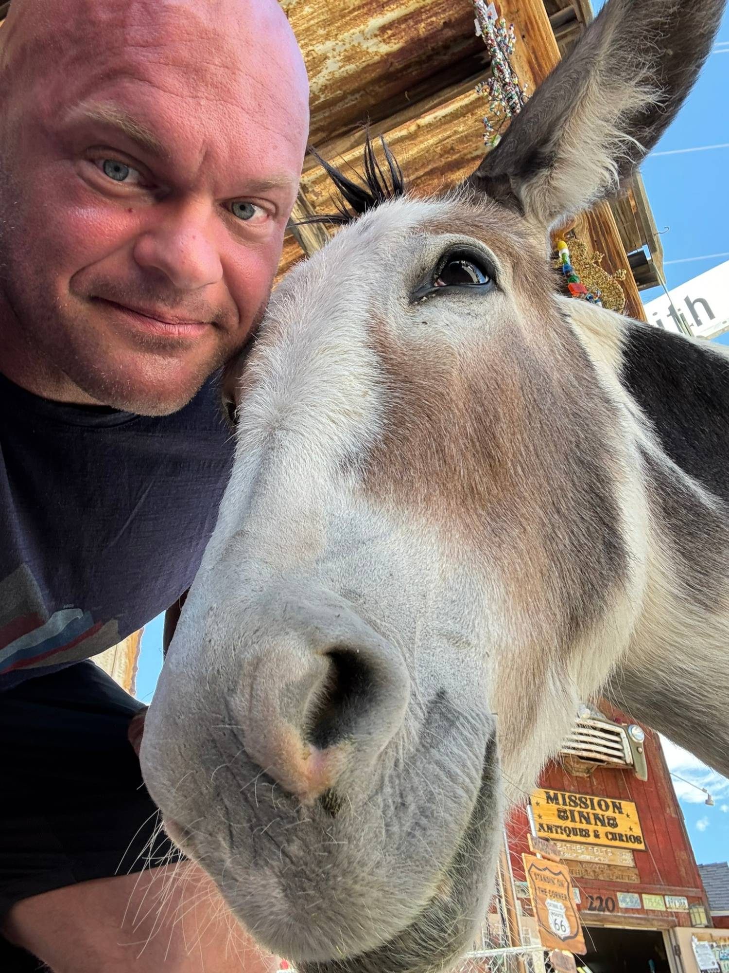 Close-up selfie of Leif cheek to cheek with a grey and white burro
