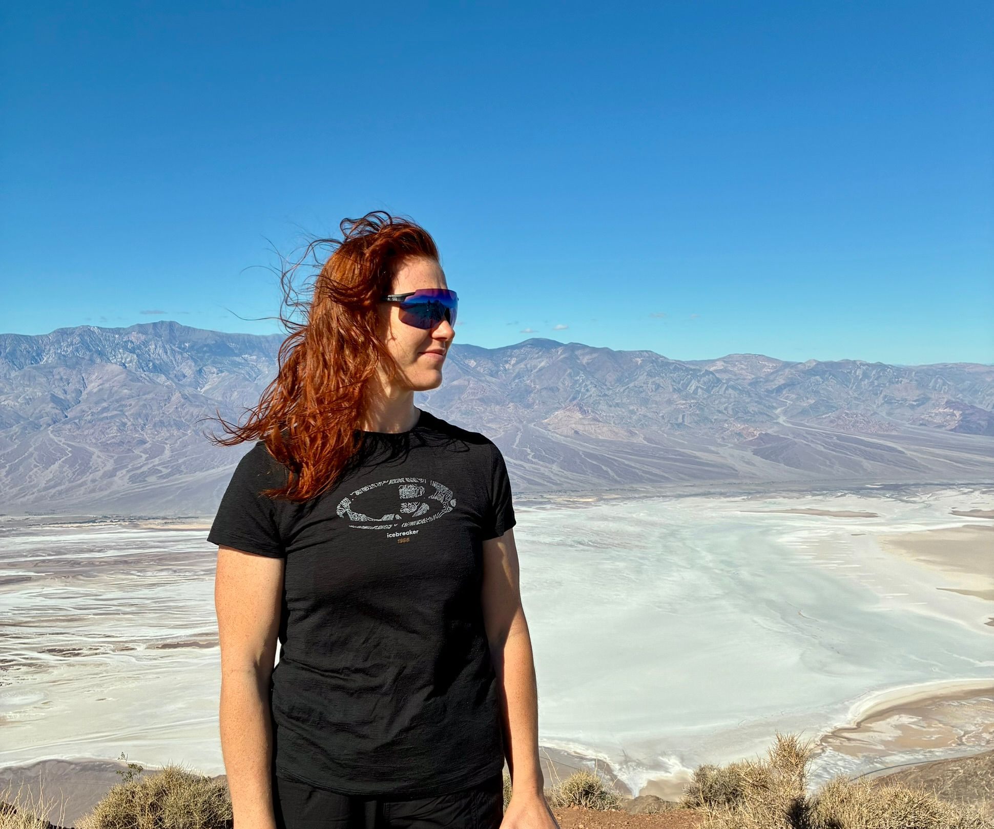 Kristine with windblown hair at Dante's View above the salt flats
