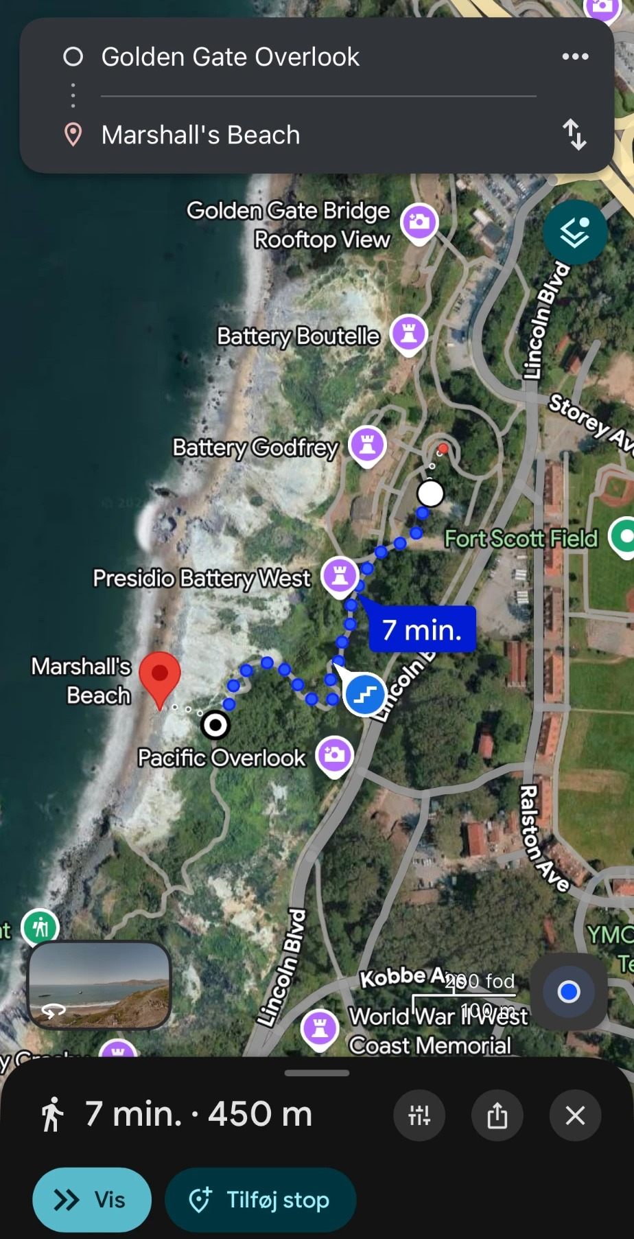 Google Maps walking route from Golden Gate Overlook down to Marshall's Beach: 7 minutes, 450 metres
