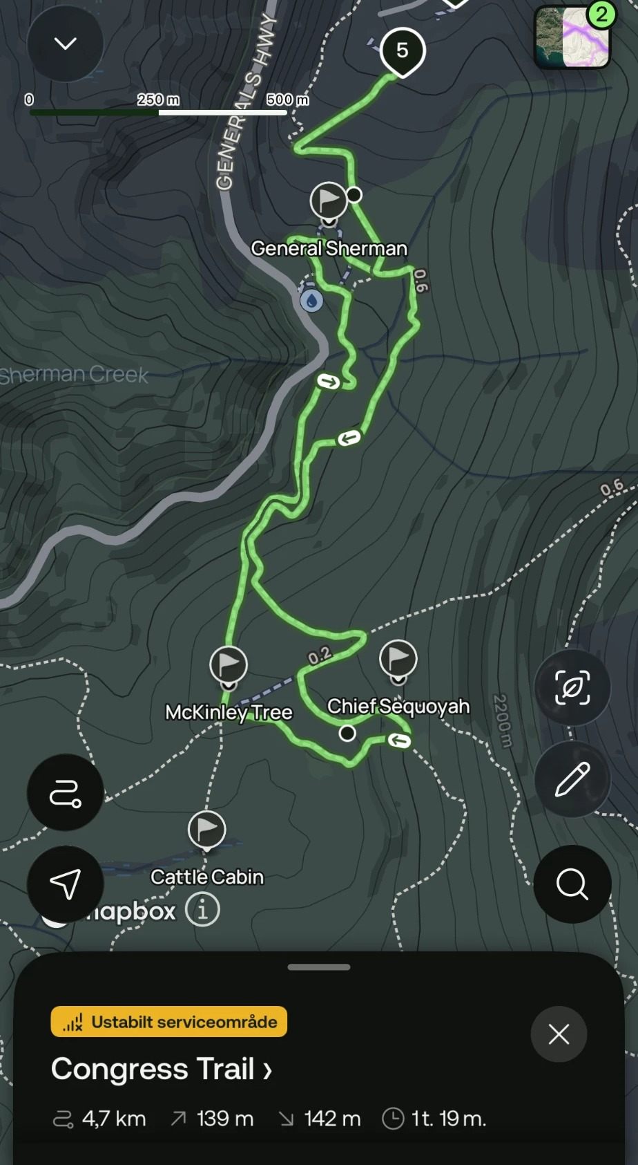Map of the Congress Trail loop from General Sherman Tree past the McKinley Tree and Chief Sequoyah: 4.7 km, 139 m ascent