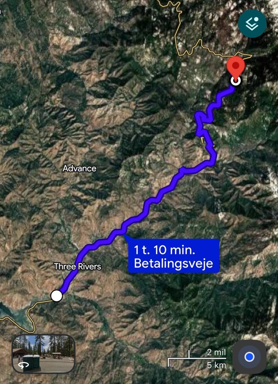 Google Maps route from Three Rivers up the winding mountain road to the General Sherman Tree trailhead: 1 hour 10 minutes