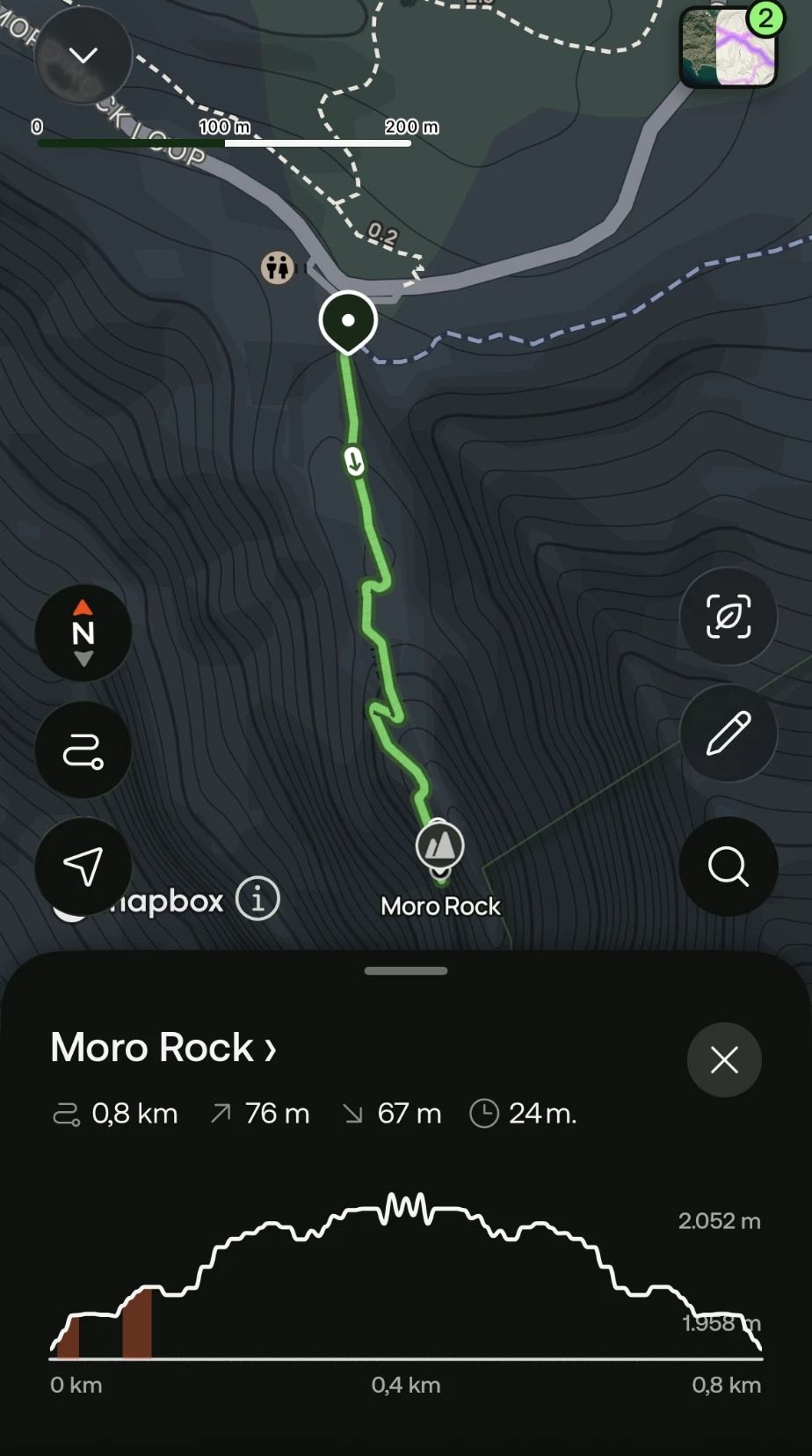 Map of the short Moro Rock trail with its elevation profile: 0.8 km, 76 m ascent