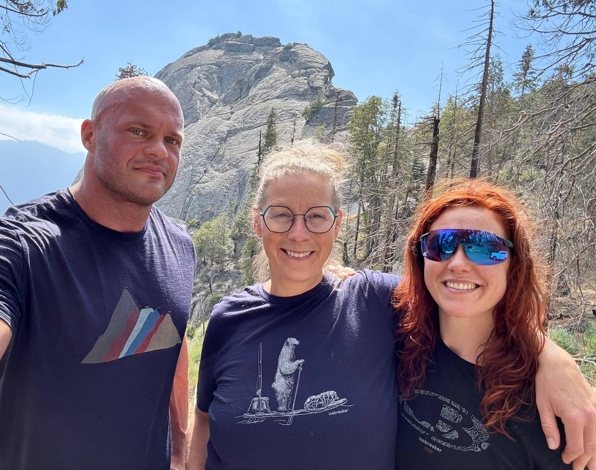 Selfie of me, Inge and Kristine with the granite dome of Moro Rock behind