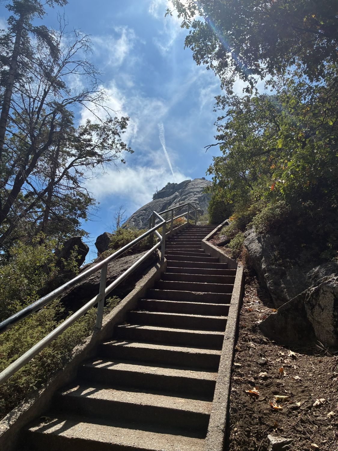 The first concrete stairs with a metal railing leading up towards Moro Rock