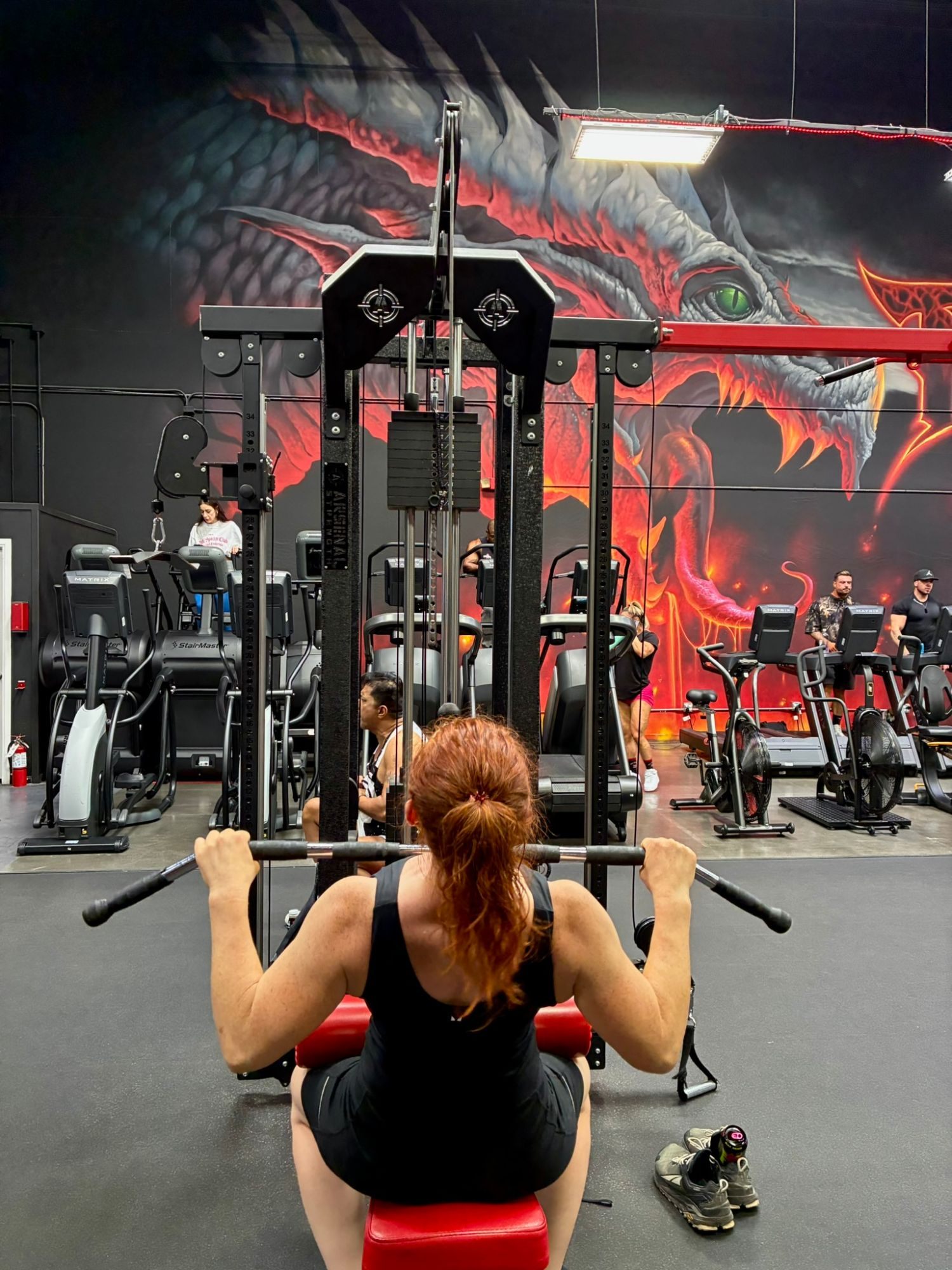 Kristine doing a lat pulldown in front of a huge painted dragon head